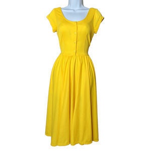Vintage 90s Positive Attitude Bright Yellow Button Front Short Sleeve Midi Dress